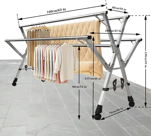 Vista 7 de Estante de secado retráctil de ropa para lavandería, con estantes, estante de secado de ropa plegable con ruedas, estante de secado de acero