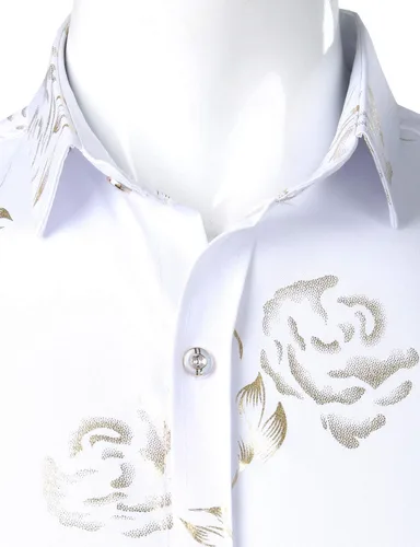 Vista 3 de ZEROYAA Camisas de vestir de manga corta con botones y estampado de rosas doradas para hombre