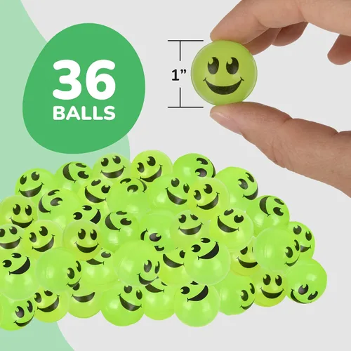 Vista 7 de ArtCreativity 36 bolas hinchables verdes con cara sonriente que brillan en la oscuridad, paquete a granel de 36, bolas de rebote de 1 pulgada