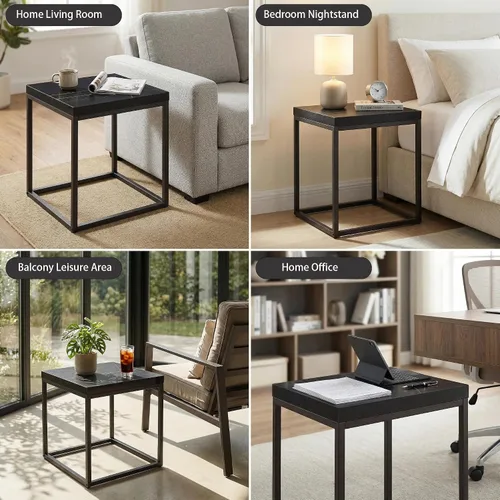 Vista 6 de Mesa auxiliar cuadrada moderna de mármol negro de 18 pulgadas CENSI Parte superior de madera extra gruesa de 1.6", marco de metal, mesita de noche