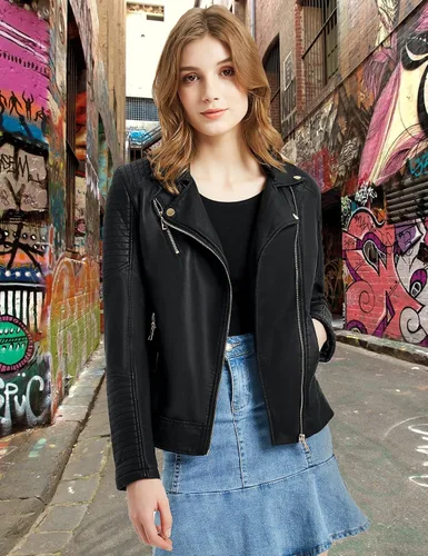 Vista 4 de Chaqueta de piel sintética para mujer, con cremallera, ajustada, para motociclista, para otoño e invierno