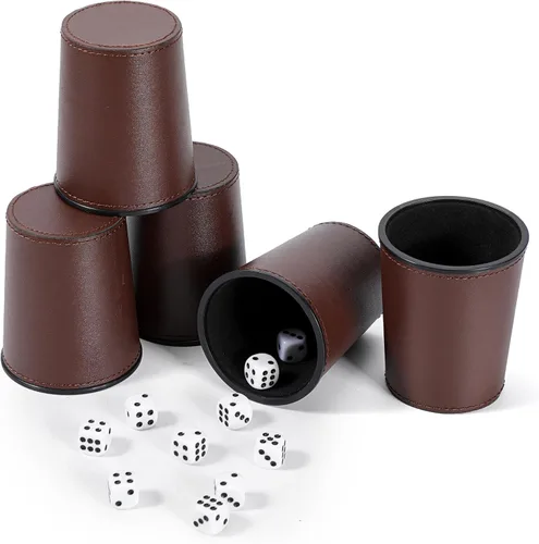 Vista 13 de Juego de tazas de cuero para dados, 5 tazas de dados negros + 25 dados + funda exclusiva de almacenamiento y transporte hecha de piel sintética