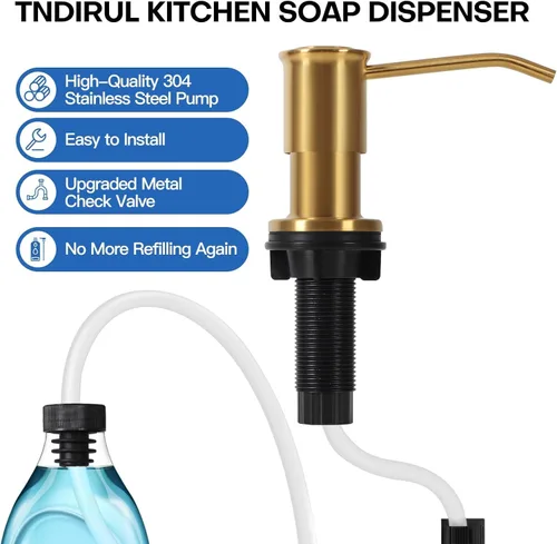 Vista 6 de Dispensador de jabón para fregadero de cocina, dispensadores de jabón integrados de oro cepillado, dispensador de jabón para fregadero de acero