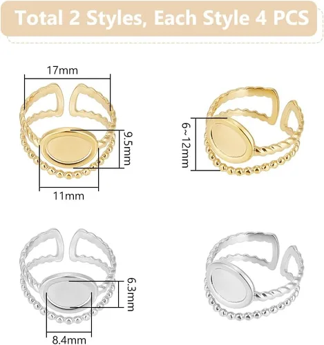 Vista 3 de UNICRAFTALE 8 piezas de componentes de anillo abierto de acero inoxidable de 2 colores con anillos ovalados, chapados en oro, ajustables para hacer