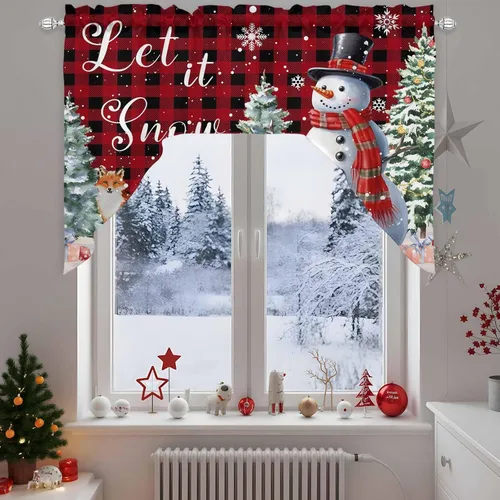Vista 13 de Juego de cortinas de cocina con cenefa de Navidad de invierno, 3 piezas con bolsillo para barra, cortinas para dormitorio, sala de estar, baño