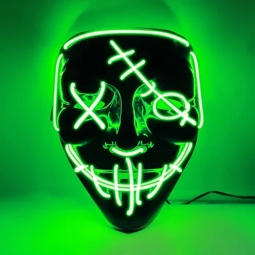 Vista 5 de Máscara LED de Halloween que brilla en la oscuridad, para cosplay, alambre EL, suministros de fiesta para adultos (verde)