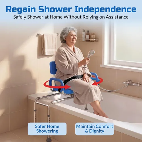 Vista 9 de Banco de transferencia deslizable para ducha con asiento giratorio Carousel, bariátrico, acolchado premium con apoyabrazos giratorios, alta