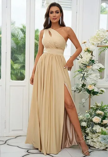 Vista 4 de Vestido largo de gasa con un hombro descubierto para mujer, sin mangas, plisado, formal, con abertura