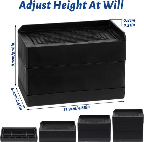 Vista 2 de Paquete de 4 elevadores rectangulares para cama de 3 pulgadas, bloques elevadores de escritorio en forma de L, resistentes y ajustables, para cama