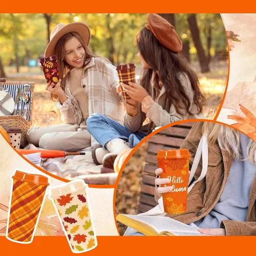 Vista 7 de Whaline 12 tazas de café de plástico de otoño de 16 onzas con tapas. Vaso