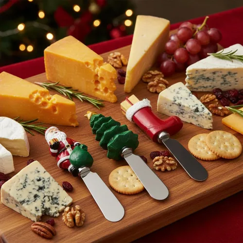 Vista 2 de UP UPware - Esparcidores de queso con temática navideña, asas de resina pintadas a mano con cuchillas de acero inoxidable para untar queso crema