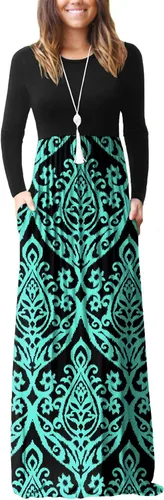 Vista 10 de GRECERELLE Vestido largo de manga larga para mujer, casual, cuello redondo, holgado, sólido floral, maxi largo con bolsillos, S-3XL A-Negro