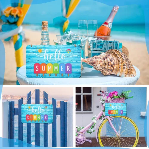 Vista 5 de Letrero de verano con texto en inglés «Hello Summer» para puerta delantera, decoración de bienvenida, letrero colgante para puerta de casa de campo