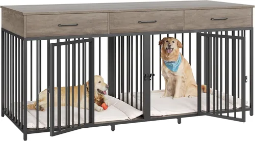 Vista 9 de HOSTACK Mueble doble para perros, perrera de 71 pulgadas de ancho para interiores con 3 cajones, jaula de granja para perros para 2 perros Gris