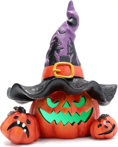 Vista 8 de Hodao Decoraciones de calabaza de Halloween con luz, sombrero de bruja hecho a mano, adornos de calabaza para decoración de Halloween, decoración