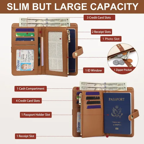 Vista 2 de Cartera pequeña para mujer, con bloqueo RFID, de piel vegana, delgada, plegable, para tarjetas de crédito, portapasaporte, cartera de viaje