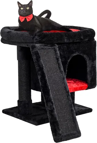 Vista 9 de SYANDLVY Árbol pequeño para gatos grandes de interior, condominio para gatitos con poste rascador y tabla, torre de actividades moderna con cueva