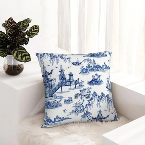 Vista 7 de Chinoiserie - Funda de almohada de lino azul de 16 x 16 pulgadas, fundas de almohada de lino para sofá, automóvil, sala de estar, dormitorio