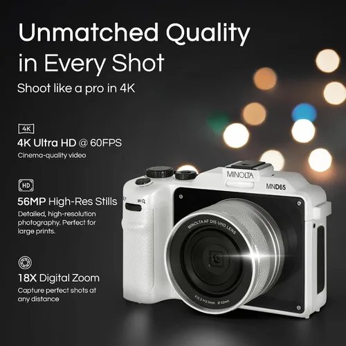 Vista 2 de Minolta Cámara digital: fotos de 56MP, video 4K 60FPS, diseño selfie de doble lente, zoom 18X, Wi-Fi, captura RAW/JPEG, LCD de 3 pulgadas, cámara