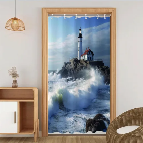 Vista 2 de Cortina de ducha con diseño de océano azul, faro, náutico, costero, escénico, naturaleza, rock, blanco, juego de decoración de baño, lavable a