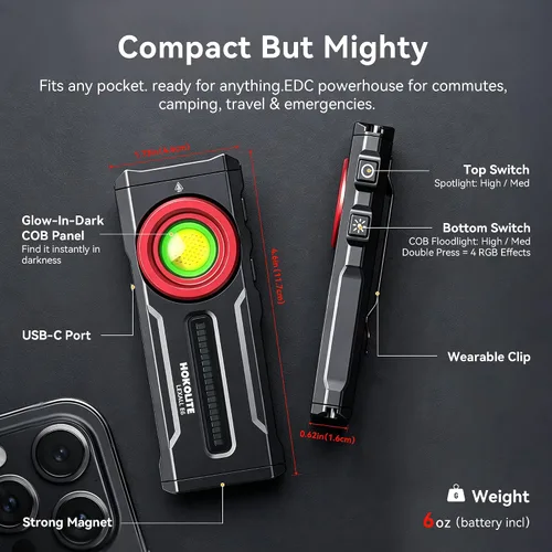 Vista 7 de lexall Linterna, linterna EDC recargable, linterna LED, linterna plana de 1200 lúmenes con luz RGB, luz de bolsillo para emergencia (1, rojo)