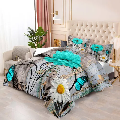 Vista 3 de LUVIVIHOME Juego de edredón floral verde azulado, tamaño Queen, juego de ropa de cama de dalia turquesa y margarita blanca, margarita azul