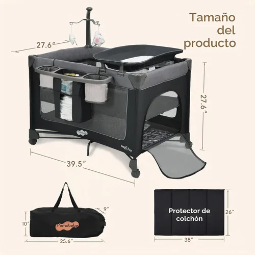 Vista 6 de Pamo Babe Pack and Play con moisés Magic Fold Playard 1 Step Set Plegable Corralito para bebé con cambiador portátil corralito gris
