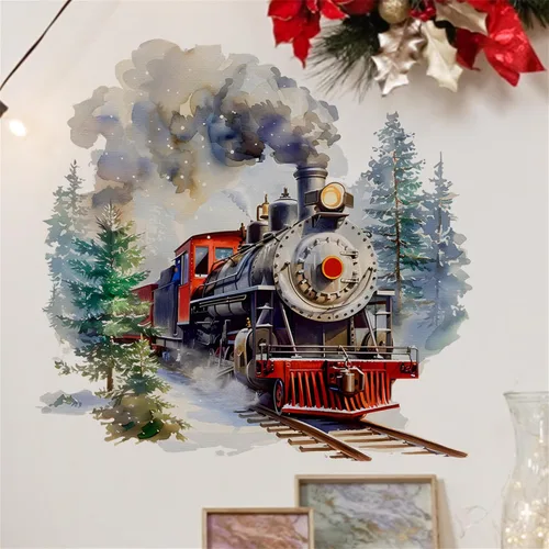 Vista 3 de WAFT YEARN Vinilo removible estilo acuarela retro tren árbol pino calcomanía de pared para decoración de pared de guardería, aula, dormitorio, baño