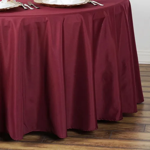 Vista 2 de TABLECLOTHSFACTORY Mantel redondo color borgoña de 90 pulgadas, mantel de poliéster, resistente a las manchas y a las arrugas, lavable, para bodas