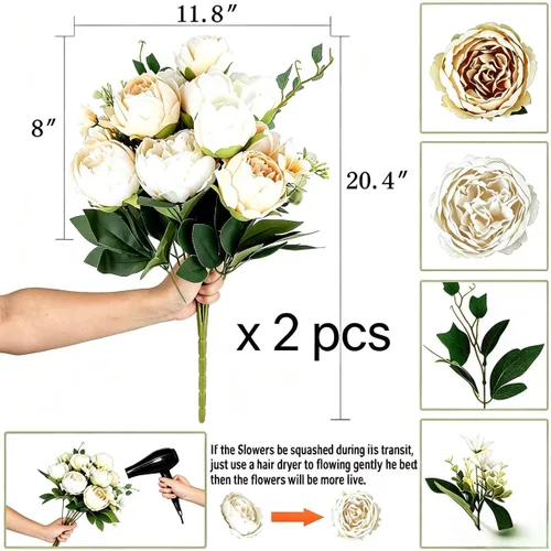 Vista 2 de ShengyuanLouiesya Louiesya - Ramo de flores artificiales de peonía de seda falsas para decoración del hogar, jardín, boda, fiesta (crema champán)
