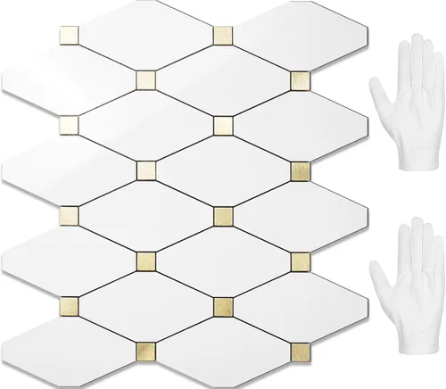 Vista 23 de STICKGOO 1 hoja de salpicaduras de pared para despegar y pegar, adhesivos de azulejos compuestos de aluminio Calacatta, salpicaduras autoadhesivas