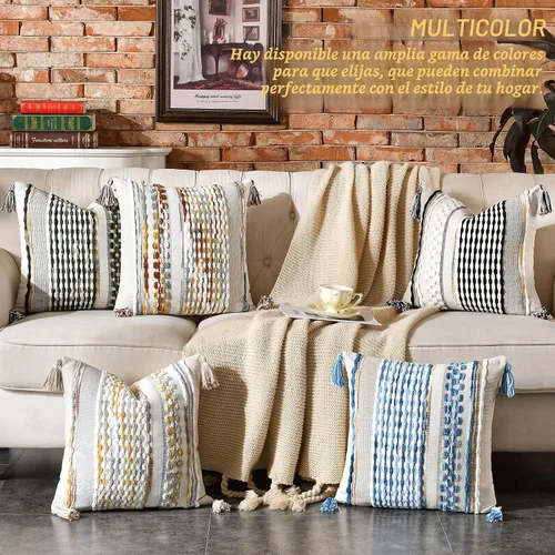 Vista 5 de AmHoo - Fundas de almohada de 18 x 18 pulgadas con borlas, fundas de almohada decorativas tejidas con textura de chenilla estilo boho para sofá