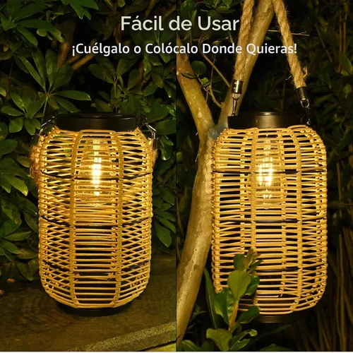 Vista 6 de Livinlarge Linterna Solar para Exterior Colgante, Gran Linterna Solar de Ratán para Exterior Impermeable con Mango de Cuerda, Linternas Brillantes