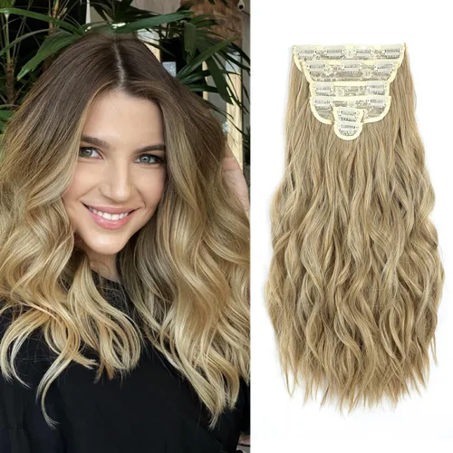 Vista 40 de Fliace Extensiones de cabello con clip para mujer, extensiones de cabello ondulado largo de color marrón medio, extensiones de cabello sintético