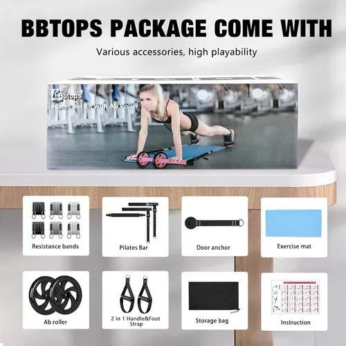Vista 8 de BBTOPS Kit de barra de pilates con bandas de resistencia, barra de ejercicio de equipo de pilates con rodillo de abdominales para entrenamiento
