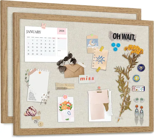 Vista 26 de AKTOP - Juego de 2 pizarras de corcho negro con lino de 16.7" X 11", pequeño tablero de anuncios con marco para pared, tablero decorativo