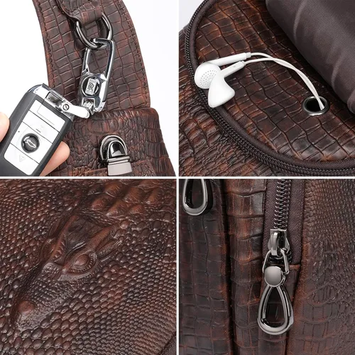 Vista 4 de NIUCUNZH Bolso bandolera de piel de cocodrilo con correa de cuero, 3 bolsas cruzadas con cremallera para viajes, senderismo, transporte diario