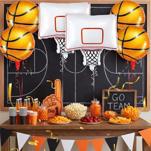Vista 5 de Soulchen Juego de 6 globos de papel de aluminio para fiesta de baloncesto con 4 globos de baloncesto naranjas y 2 globos decorativos de aro