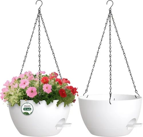 Vista 9 de Paquete de 2 12 macetas colgantes con cadenas, macetas de plástico de riego automático para plantas de interior y exterior, diseño de cadena