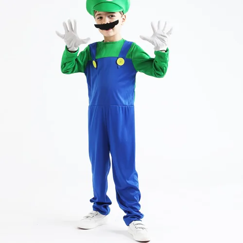 Vista 4 de Aoibox Disfraz de Super Brothers, overol de Halloween para niños con sombrero, bigote y guantes, fontanero M & L Cosplay