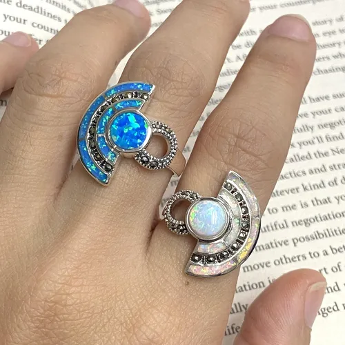Vista 5 de Art Deco Style Egyptian Wallace Simpson Ring with Gilson Opal and Marcasite Stone 925 Sterling Silver