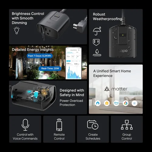 Vista 2 de Tapo Enchufe Inteligente Regulador para Exteriores para Luces Exteriores, Matter, Control por Aplicación, Resistente a la Intemperie IP65, Funciona