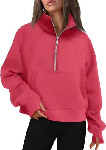 Vista 21 de AUTOMET Sudaderas con media cremallera para mujer, sudadera corta de vellón con cremallera de un cuarto, sudaderas con capucha para el otoño, a