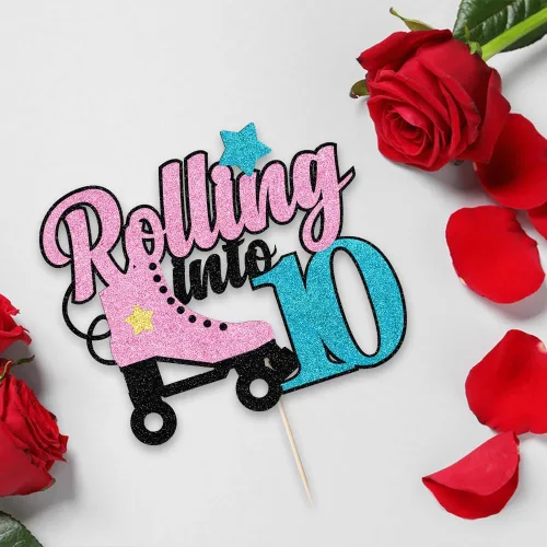 Vista 3 de Decoración para tartas de 10 años con diseño de patín de 10 años, decoración de pastel de 10 años de edad, retro, para niñas, club, hip hop, fiesta