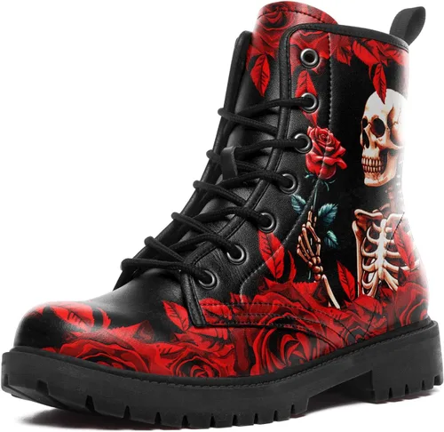 Vista 8 de Botines de combate para mujer, con estampado de corazón, botines cortos de moda con rosas y calavera, botas de trabajo duraderas con cordones