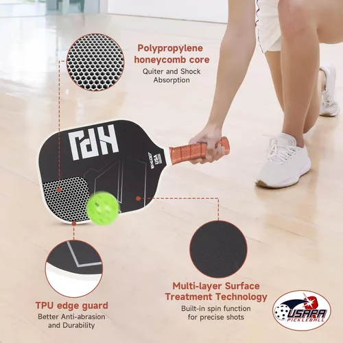 Vista 3 de HUDEF Juego de Paletas de Pickleball USAPA: Núcleo de Panal de Grafito y Fibra de Vidrio, 4 Pelotas para Exteriores, Bolsa de Transporte de Cuero PU