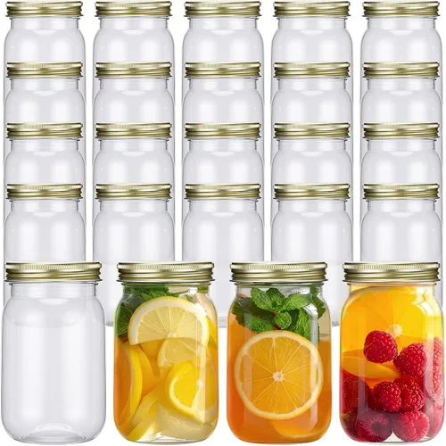Vista 9 de Gerrii 12 tarros de plástico transparente de 16 onzas con tapas, vasos de cóctel rellenables, envases de avena vacíos durante la noche, recipientes
