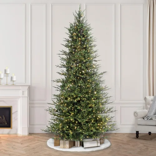 Vista 4 de Puleo International Árbol de Navidad artificial de abeto bálsamo delgado preiluminado de 9 pies con 800 luces transparentes