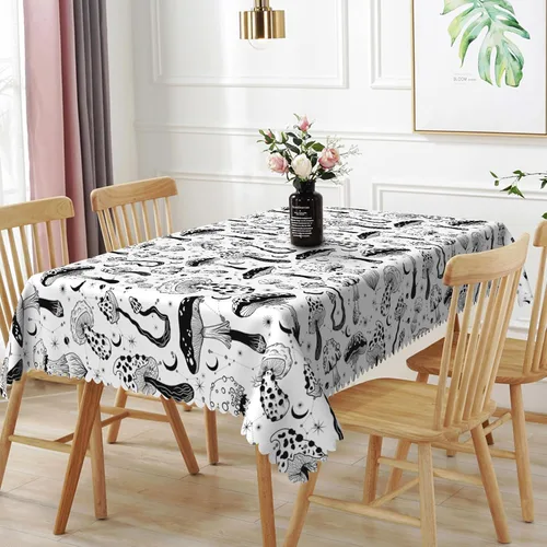 Vista 38 de Mantel rectangular floral de 52 x 70 pulgadas, color blanco y negro, estampado floral, a prueba de derrames y aceite, para cocina, comedor