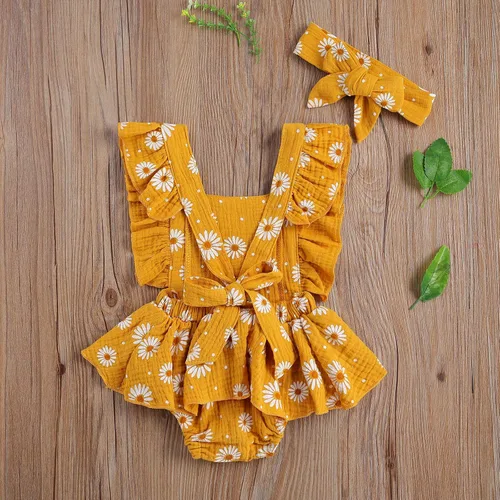 Vista 4 de Mameluco para bebé recién nacido, con margaritas, ropa ajustable con volantes de una pieza, overol de verano para bebé Naranja